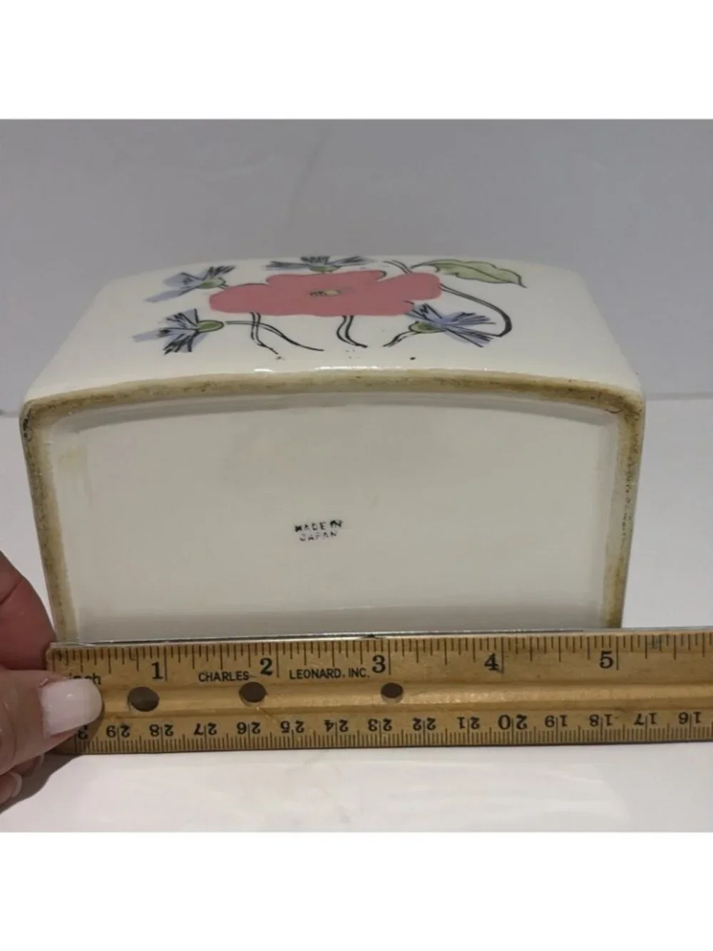 Vintage Floral Salt Cellar Box With Wooden Lid Ceramic Farmhouse Japan 4.5